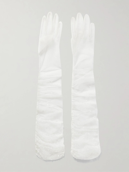 Clio Peppiatt Clio Peppiatt - Chantilly Embellished Ruched Tulle Gloves - Ivory 