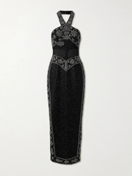  Clio Peppiatt Clio Peppiatt - Cyndi Cutout Embellished Mesh Halterneck Gown - Black 