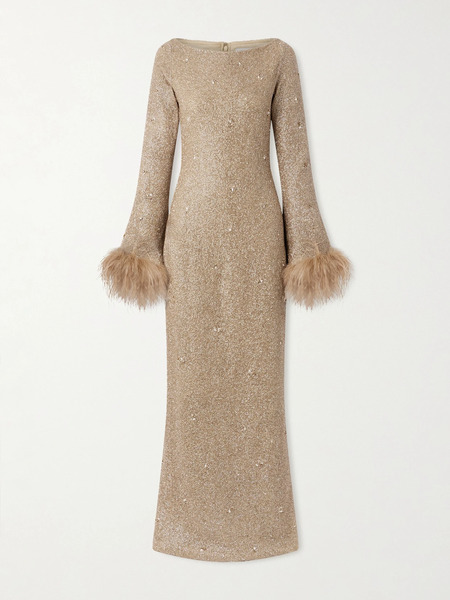  Clio Peppiatt Clio Peppiatt - Mae Feather-trimmed Embellished Beaded Tulle Gown - Gold 