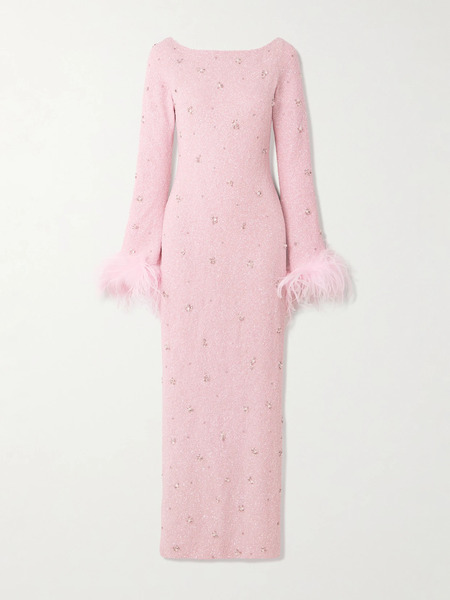  Clio Peppiatt Clio Peppiatt - Mae Feather-trimmed Embellished Stretch-mesh Gown - Pink 