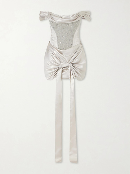  Clio Peppiatt Clio Peppiatt - Paloma Convertible Draped Embellished Satin Mini Dress - Silver 