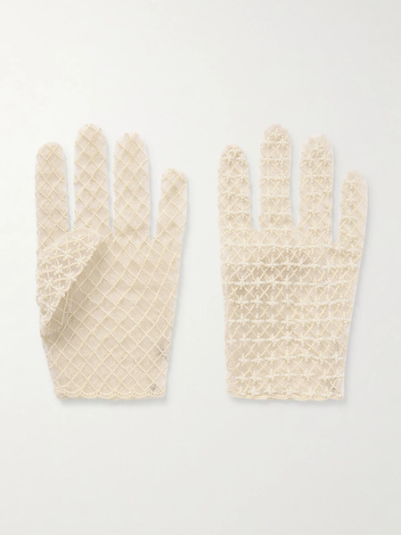  Clio Peppiatt Clio Peppiatt - Pearl-like Embellished Embroidered Tulle Gloves - Ivory 