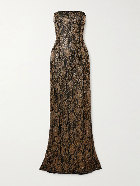  Clio Peppiatt Clio Peppiatt - Soleil Strapless Embellished Metallic Guipure Lace Gown - Gold 