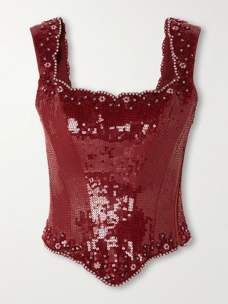 Clio Peppiatt Clio Peppiatt - Syrah Embellished Tulle Bustier Top - Burgundy 