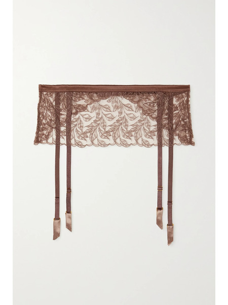  Coco De Mer Coco De Mer - Paeonia Satin-trimmed Embroidered Tulle Suspender Belt - Taupe 