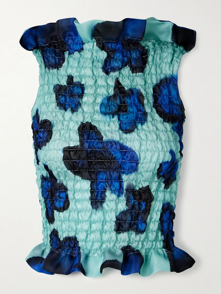  Conner Ives Conner Ives - Ruffled Shirred Floral-print Silk-satin Top - Teal 