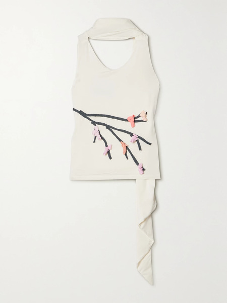  Conner Ives Conner Ives - Tie-neck Appliquéd Stretch-micro Modal Jersey Tank - White 