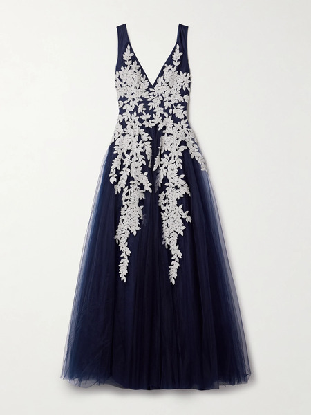  Costarellos Costarellos - Bead-embellished Embroidered Tulle Gown - Navy 