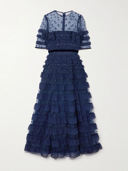  Costarellos Costarellos - Velvet-trimmed Point D'esprit And Ruffled Chiffon Midi Dress - Navy 