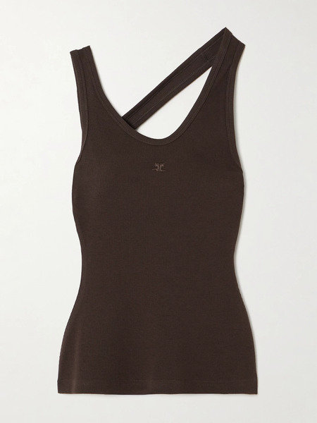  Courreges Courreges - Asymmetric Embroidered Ribbed Stretch Cotton-jersey Tank - Brown 