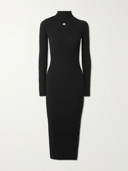  Courreges Courreges - Embroidered Ribbed-knit Midi Turtleneck Dress - Black 