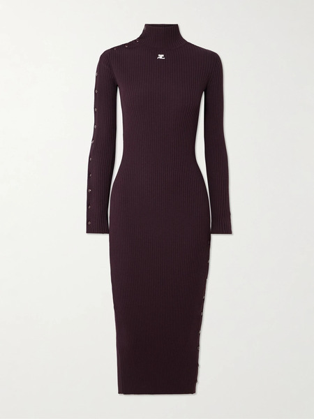  Courreges Courreges - Embroidered Ribbed-knit Turtleneck Midi Dress - Burgundy 