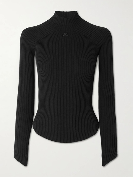  Courreges Courreges - Logo-embroidered Ribbed-knit Mock-neck Top - Black 