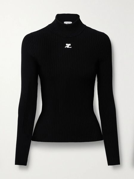  Courreges Courreges - Reedition Embroidered Ribbed-knit Turtleneck Sweater - Black 