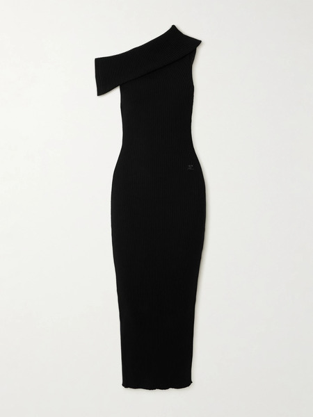  Courreges Courreges - Twist Off-the-shoulder Embroidered Ribbed-knit Maxi Dress - Black 