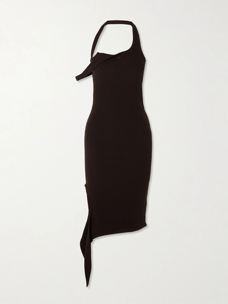  Courreges Courreges - Undressed Asymmetric Draped Ribbed-knit Midi Dress - Brown 