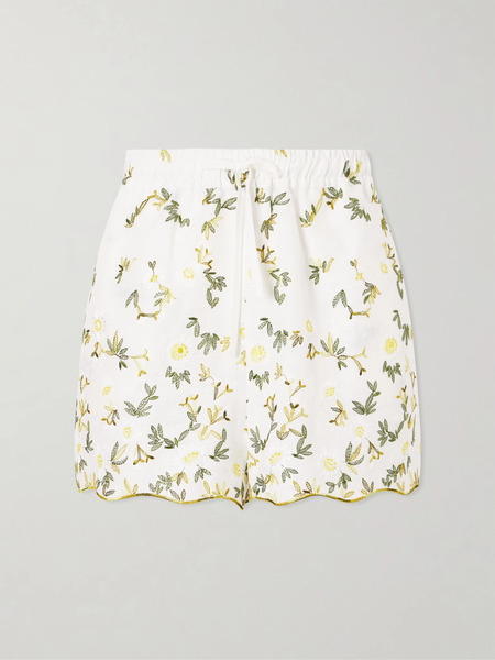  Cristiano Marcheli Cristiano Marcheli - Elena Floral-embroidered Linen Drawstring Shorts - White 