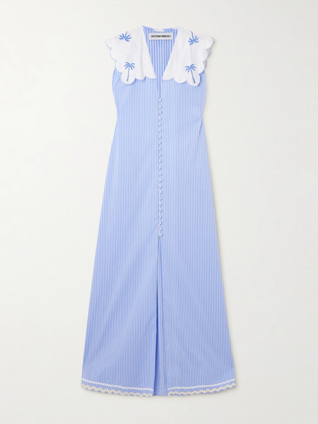  Cristiano Marcheli Cristiano Marcheli - Isabella Embroidered Silk Dupioni-trimmed Striped Cotton-poplin Maxi Dress - Blue 