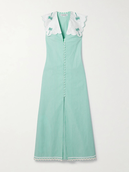  Cristiano Marcheli Cristiano Marcheli - Isabella Embroidered Silk Dupioni-trimmed Striped Cotton-poplin Maxi Dress - Green 