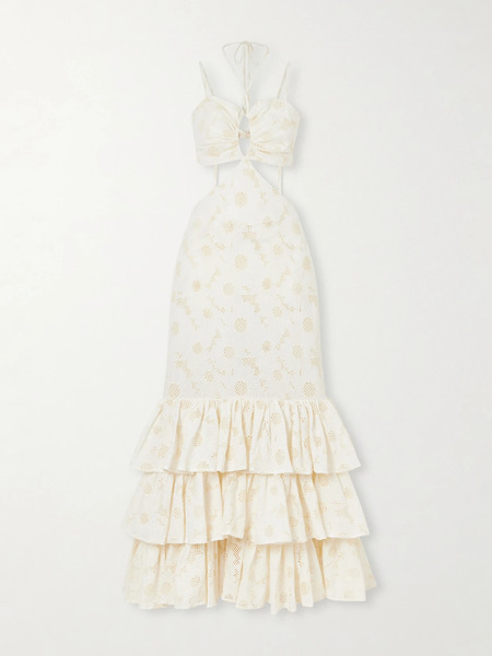  Cristiano Marcheli Cristiano Marcheli - Penelope Open-back Cutout Ruffled Tiered Broderie Anglaise Cotton Maxi Dress - Cream 