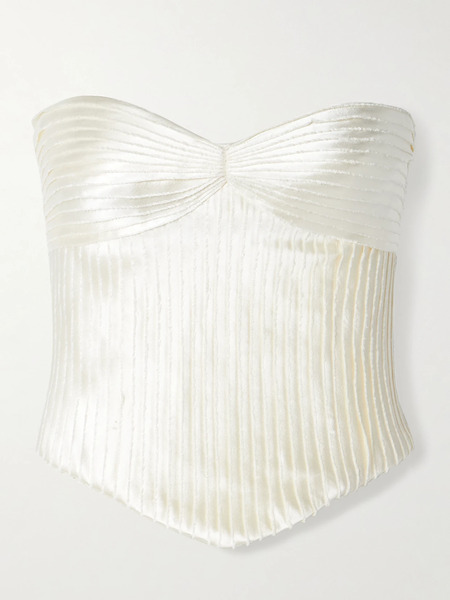  Danielle Frankel Danielle Frankel - Ella Strapless Frayed Pintucked Silk And Wool-blend Satin Bustier Top - Off-white 