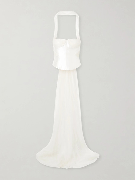  Danielle Frankel Danielle Frankel - Viola Gathered Draped Tulle-trimmed Wool And Silk-blend Twill Top - Off-white 