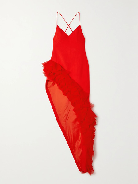  David Koma David Koma - Asymmetric Tulle-trimmed Wool-crepe Midi Dress - Red 