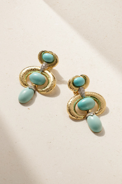 David Webb David Webb - Double Crescent 18-karat Gold, Platinum, Turquoise And Diamond Clip Earrings - Blue 