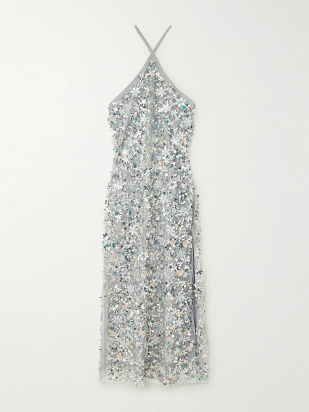  Des Phemmes Des Phemmes - Embellished Tulle Halterneck Midi Dress - Light Blue 