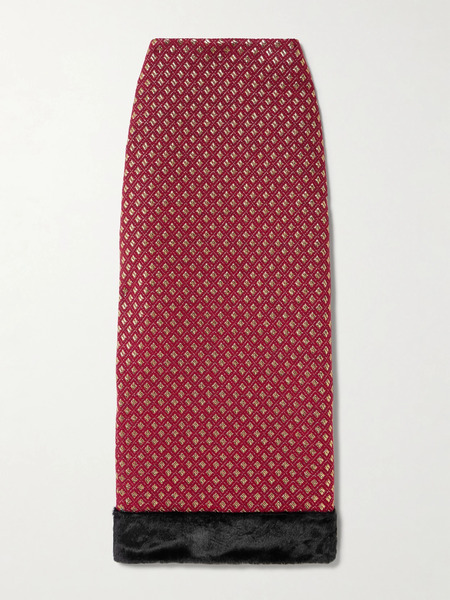  Destree Destree - Monica Plush-trimmed Metallic Jacquard Midi Skirt - Burgundy 