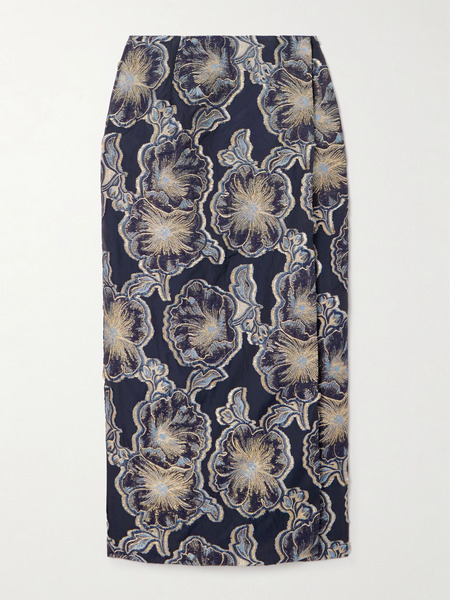  Destree Destree - Vera Barocco Wrap-effect Metallic Fil Coupé Midi Skirt - Blue 