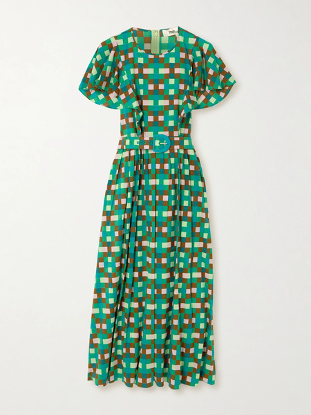  Diane Von Furstenberg Diane Von Furstenberg - Damon Belted Ruffled Printed Cotton-blend Midi Dress - Green 