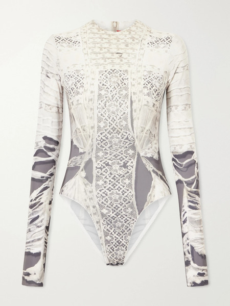  Dilara Findikoglu Dilara Findikoglu - Past Edges Printed Lace-trimmed Stretch-jersey Bodysuit - Gray 