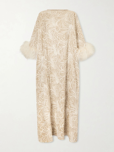  Dima Ayad Dima Ayad - Feather-trimmed Embroidered Crepe Gown - Beige 
