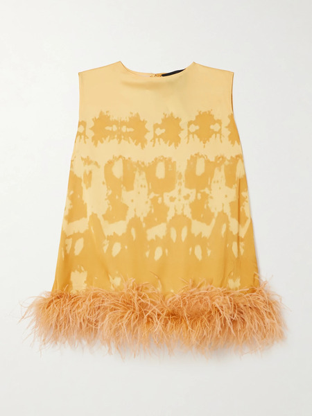  Dima Ayad Dima Ayad - Feather-trimmed Tie-dyed Satin Top - Yellow 