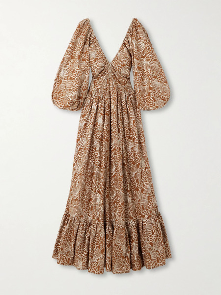  Dima Ayad Dima Ayad - Gathered Embroidered Satin Maxi Dress - Camel 