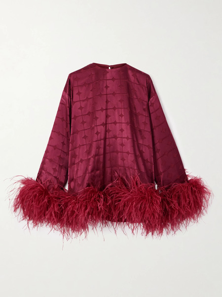  Dima Ayad Dima Ayad - Geometric Feather-trimmed Devoré-satin Blouse - Burgundy 