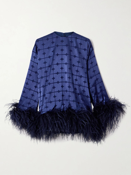  Dima Ayad Dima Ayad - Geometric Feather-trimmed Devoré-satin Blouse - Navy 