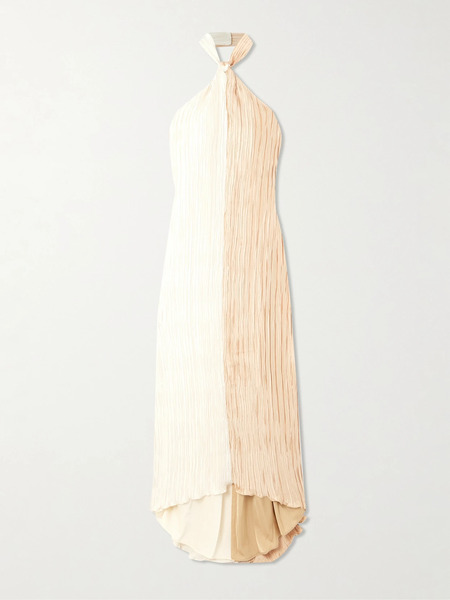  Dima Ayad Dima Ayad - Knotted Plissé-satin Halterneck Maxi Dress - Ivory 