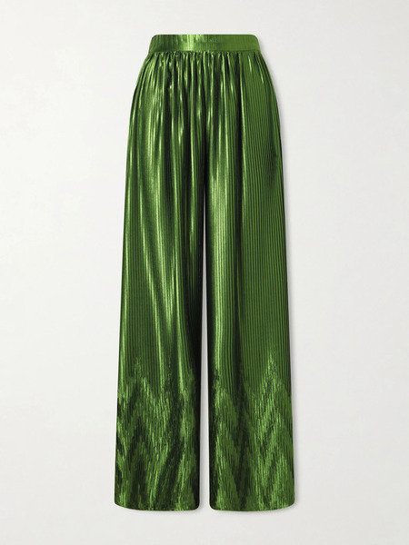  Dima Ayad Dima Ayad - Metallic Plissé-satin Wide-leg Pants - Green 