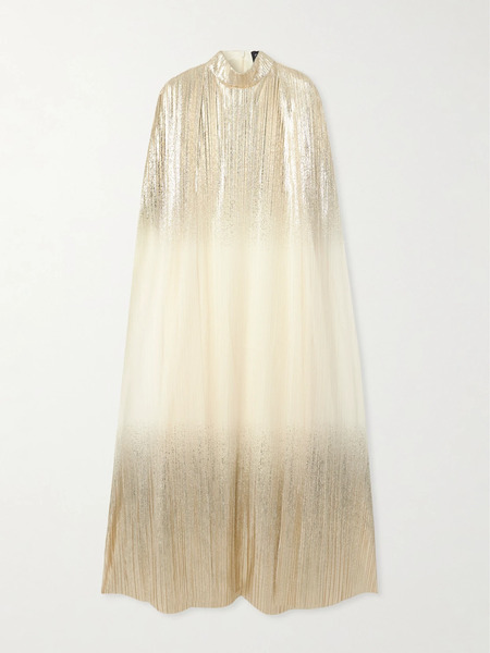  Dima Ayad Dima Ayad - Metallic Plissé-tulle Gown And Cape Set - Ivory 