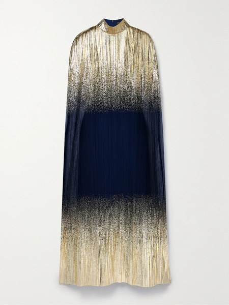  Dima Ayad Dima Ayad - Metallic Plissé-tulle Gown And Cape Set - Navy 