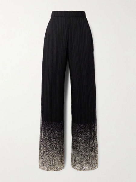  Dima Ayad Dima Ayad - Metallic Plissé-tulle Wide-leg Pants - Black 