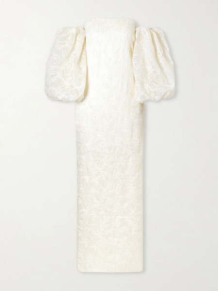  Dima Ayad Dima Ayad - Off-the-shoulder Embellished Embroidered Woven Gown - Ivory 