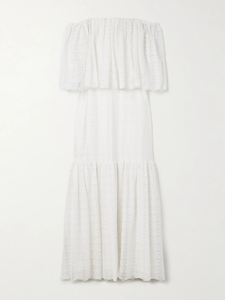  Dima Ayad Dima Ayad - Off-the-shoulder Tiered Metallic Lace Maxi Dress - White 