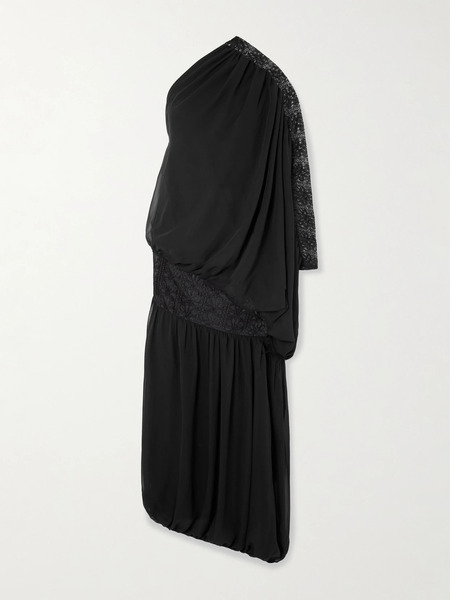  Dima Ayad Dima Ayad - One-shoulder Draped Georgette And Lace Gown - Black 