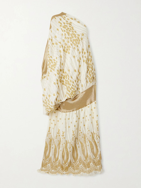  Dima Ayad Dima Ayad - One-shoulder Draped Metallic Fil Coupé Gown - Gold 