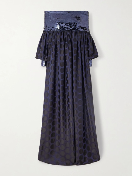  Dima Ayad Dima Ayad - Sequin-embellished Polka-dot Poplin Gown - Navy 