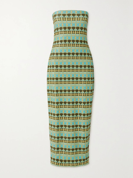  Dima Ayad Dima Ayad - Strapless Metallic Jacquard-knit Maxi Dress - Blue 