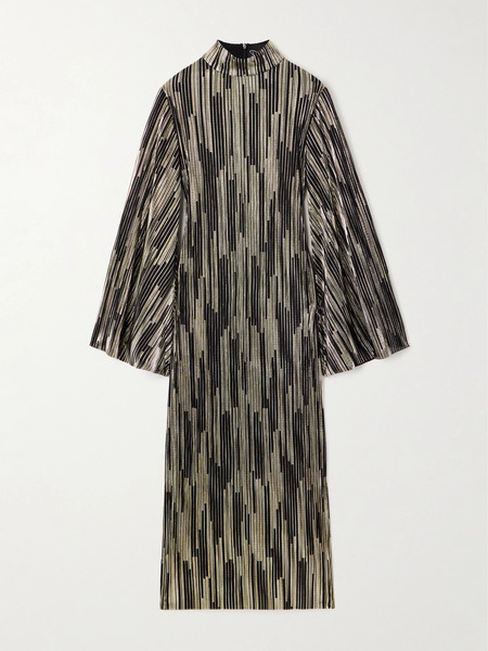  Dima Ayad Dima Ayad - Turtleneck Metallic Plissé Midi Dress - M 